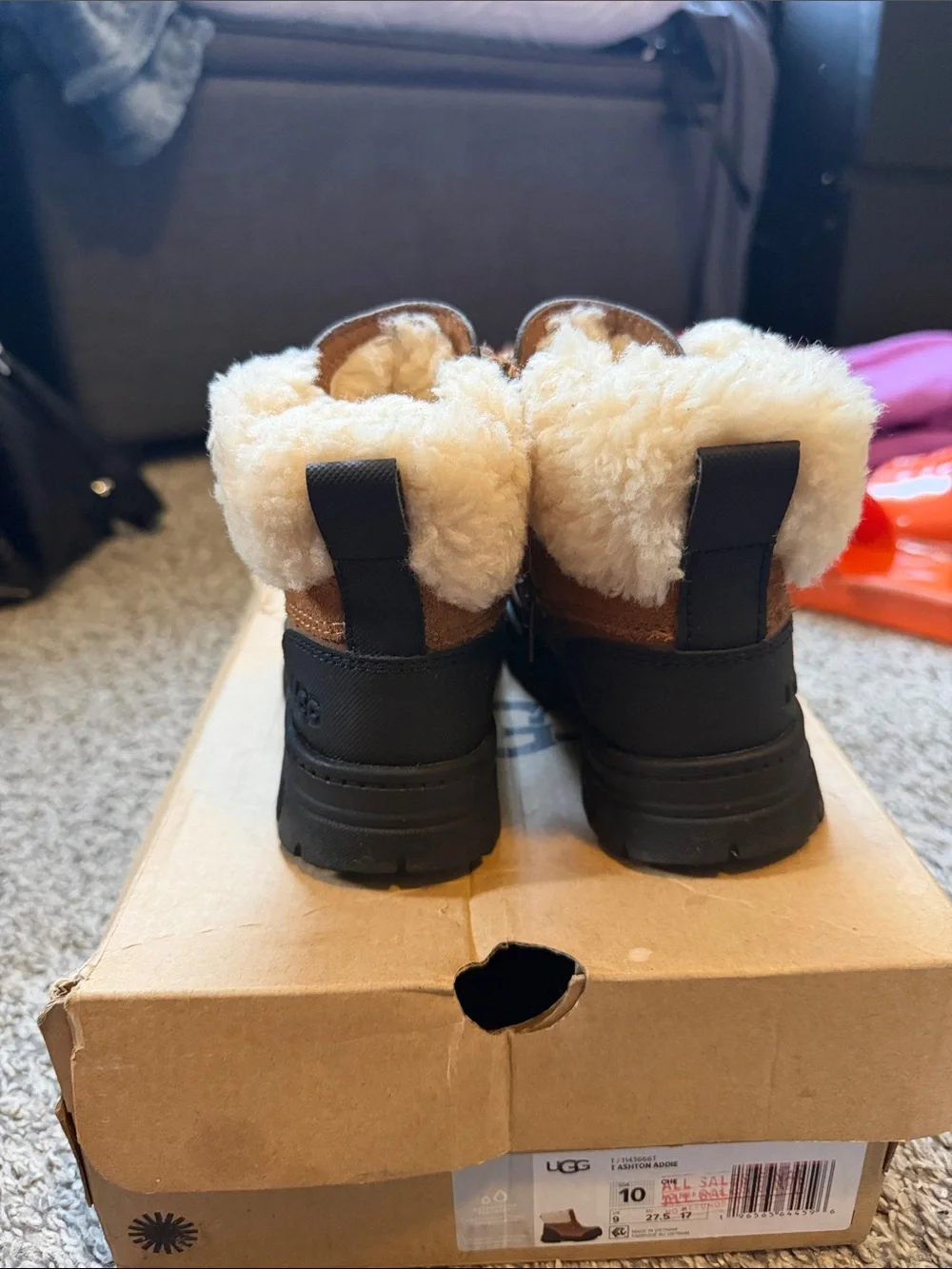 UGG Kids Brown and Black Faux-Fur Winter Boots with Red Accent Laces